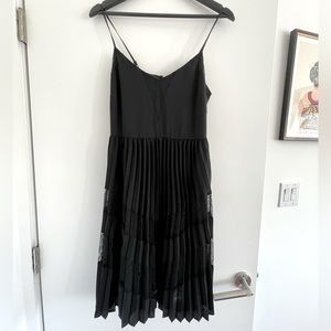 Black EXPRESS Accordion Pleat Knee-length Dress with Lace inset details
